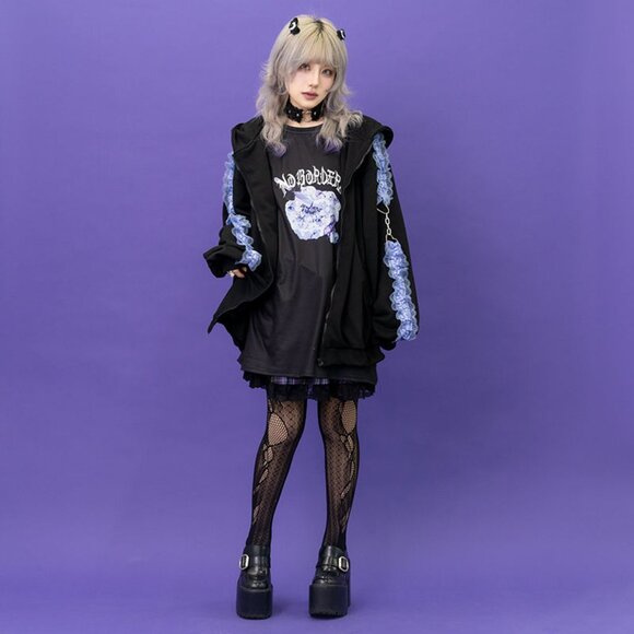 NEW ACDC RAG - Love Punk Lace & Ribbon Oversized Zip Up Hoodie - Picture 7 of 10